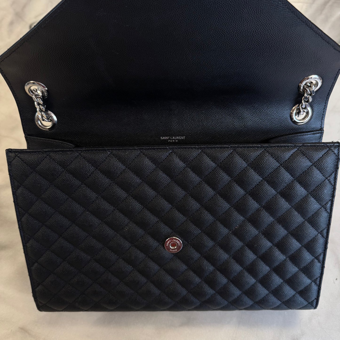 Saint-Laurent Envelope Medium Quilted Textured-Leather Shoulder Bag Black/Silver