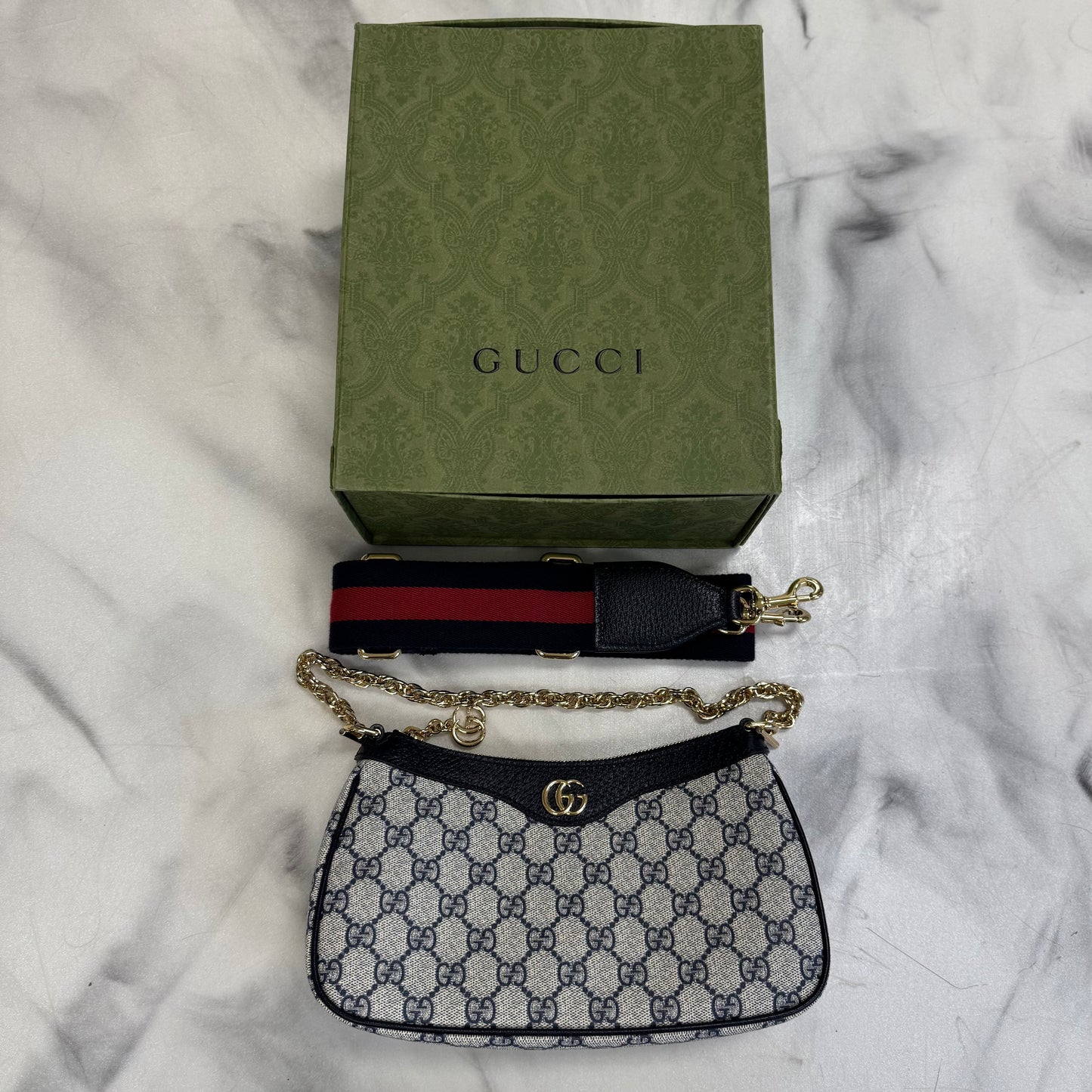 Gucci GG Supreme Monogram Textured Dollar Calfskin Web Small Ophidia Handbag