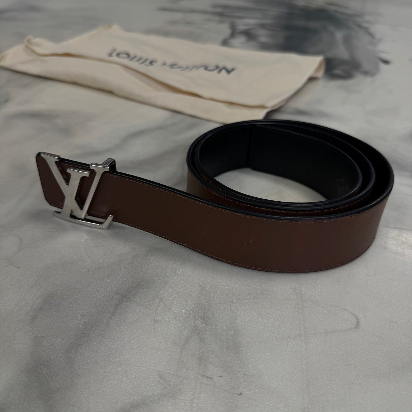 Louis Vuitton Black Monogram Belt Silver Buckle Reversible