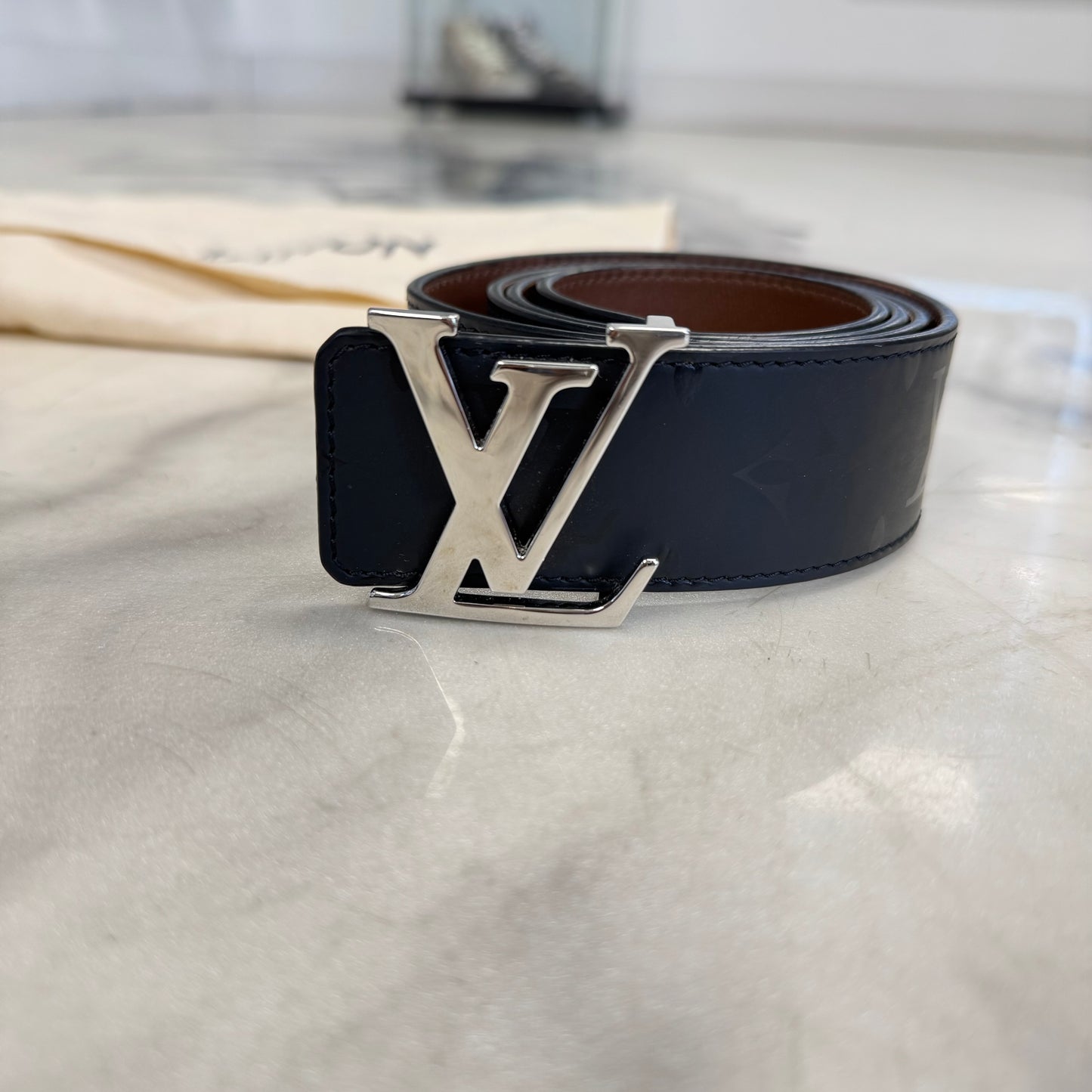 Louis Vuitton Black Monogram Belt Silver Buckle Reversible