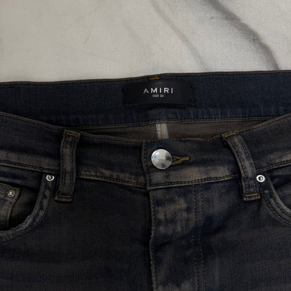 Amiri Dark Navy Distressed Leather Patch Jeans