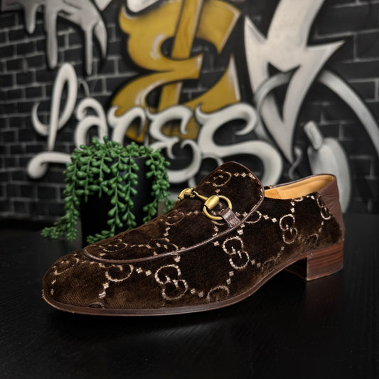 Gucci Horsebit Monogram Velvet Brown Loafers