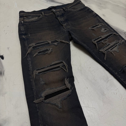 Amiri Dark Navy Distressed Leather Patch Jeans