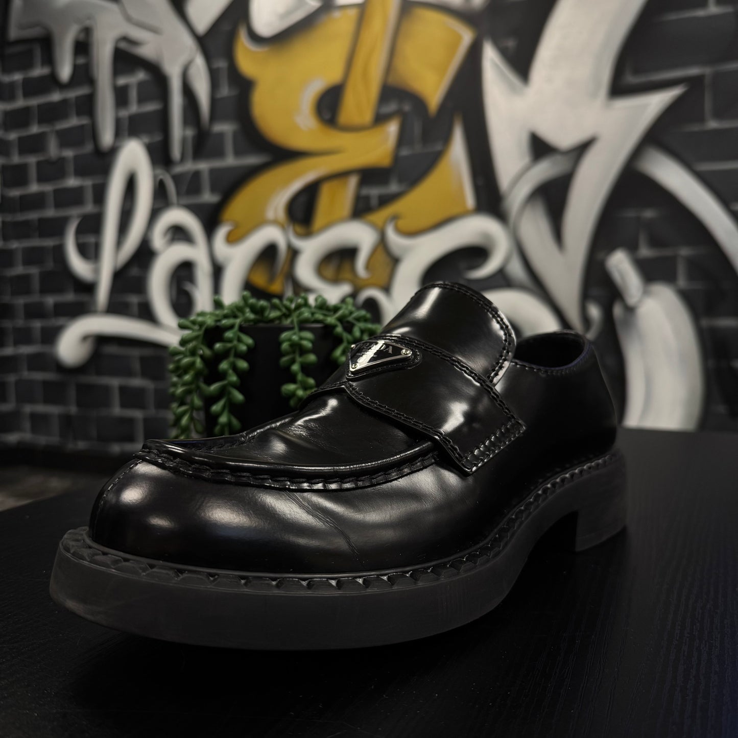 Prada Chocolate Brushed Leather Loafers Black