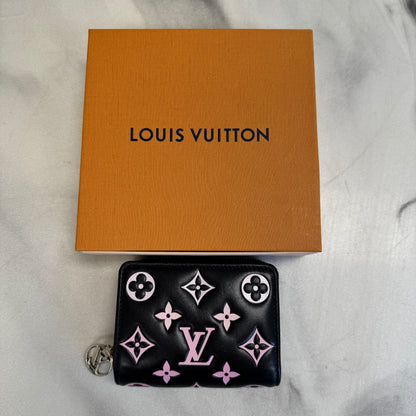 Louis Vuitton Lambskin Embossed Monogram LV Ski Coussin Mini Zippy Wallet Black/Pink