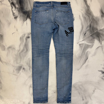 Amiri Jeans Leather Logo Blue