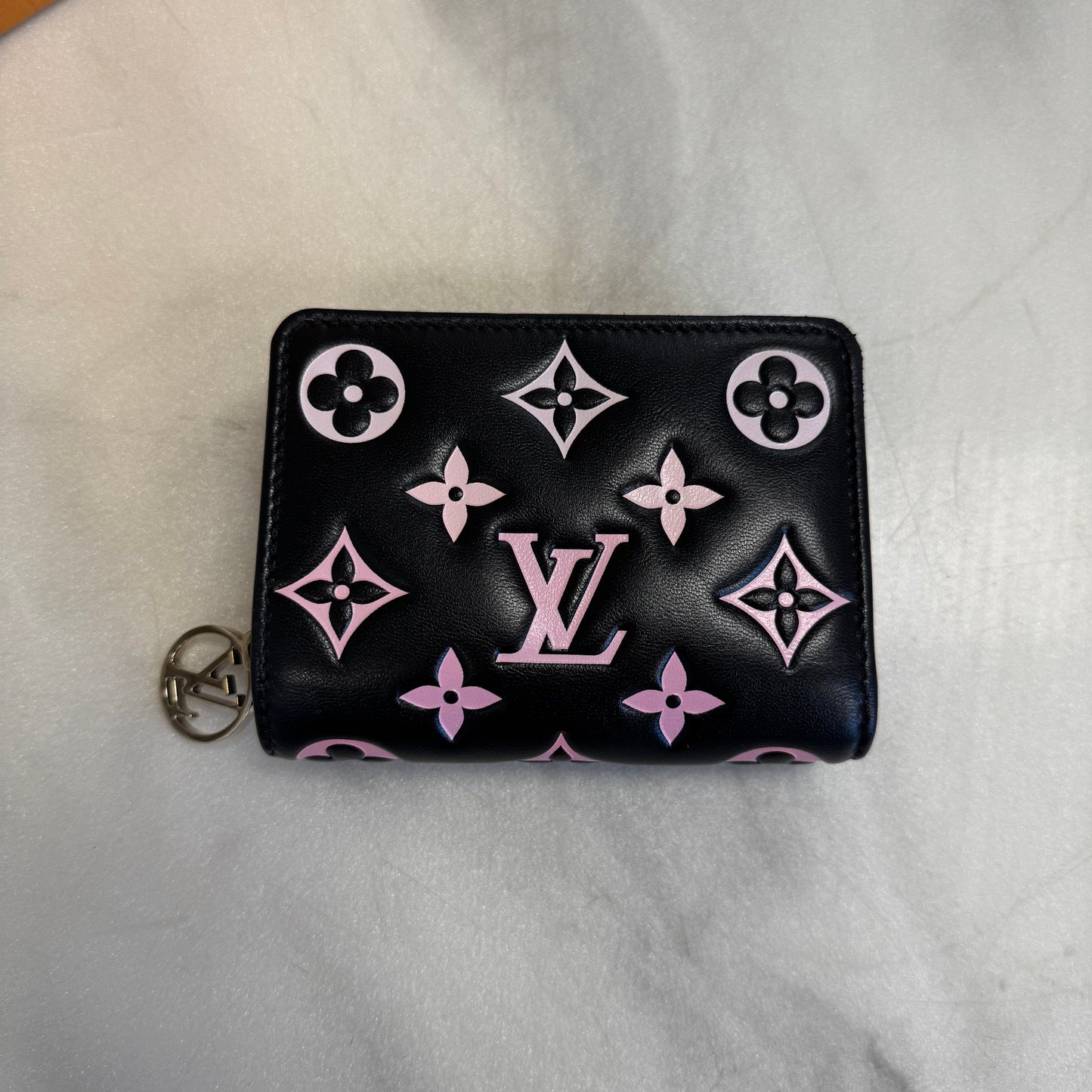 Louis Vuitton Lambskin Embossed Monogram LV Ski Coussin Mini Zippy Wallet Black/Pink