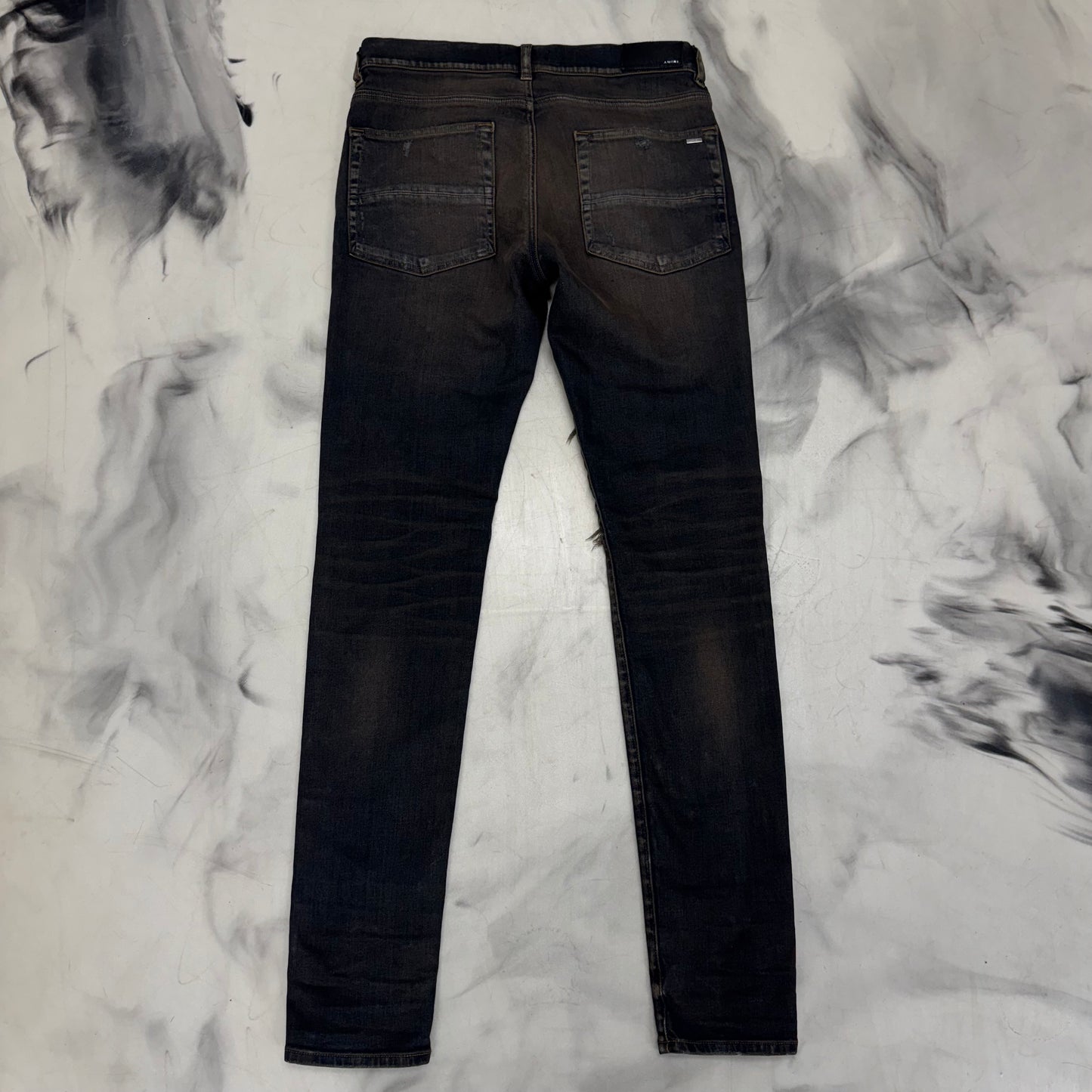 Amiri Dark Navy Distressed Leather Patch Jeans