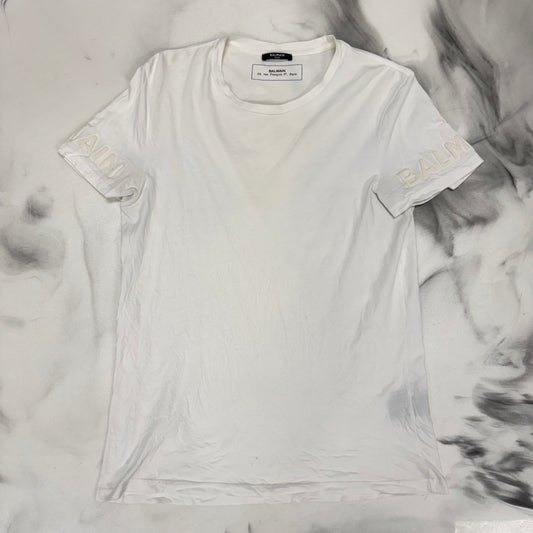 Balmain White Embossed Sleeve Logo Tee