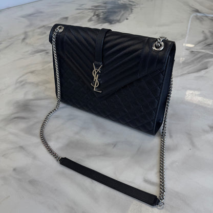 Saint-Laurent Envelope Medium Quilted Textured-Leather Shoulder Bag Black/Silver