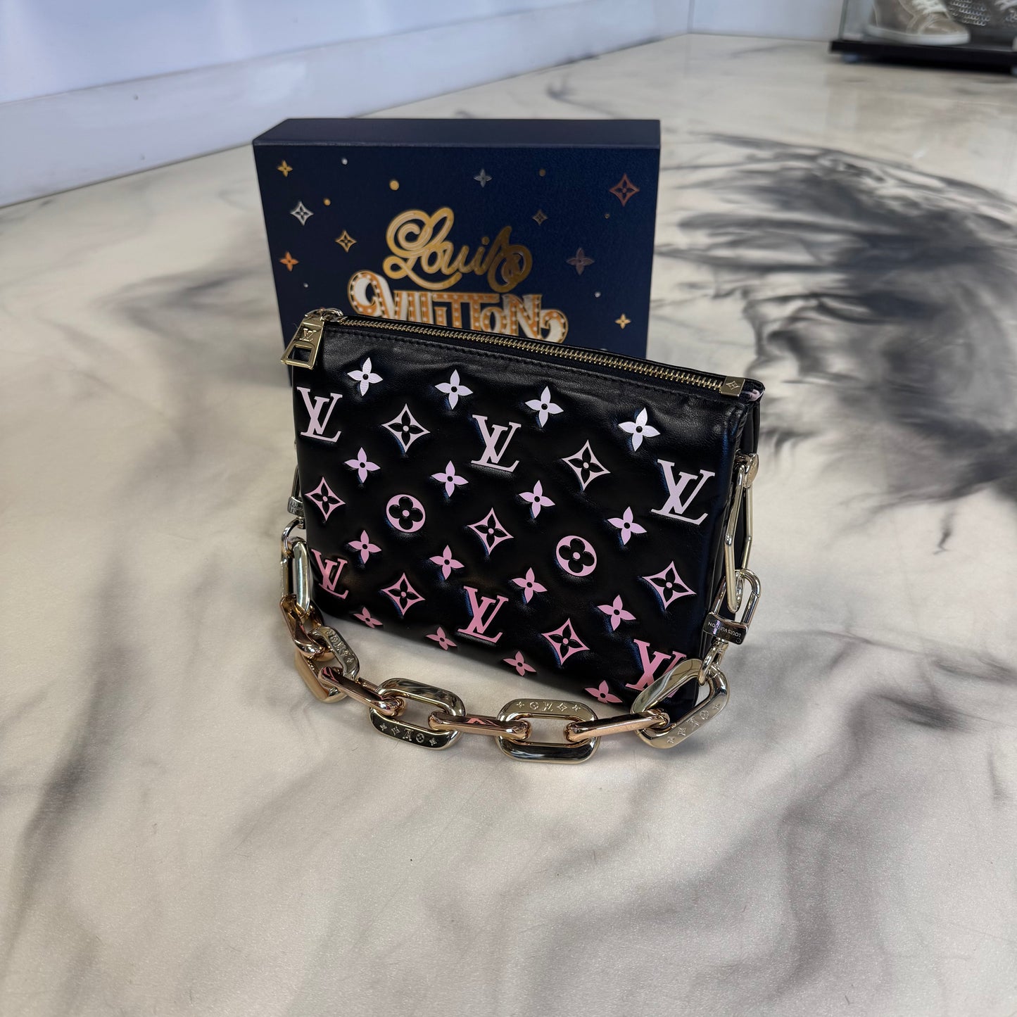 Louis Vuitton Lambskin Embossed Monogram LV Ski Coussin Black/Pink