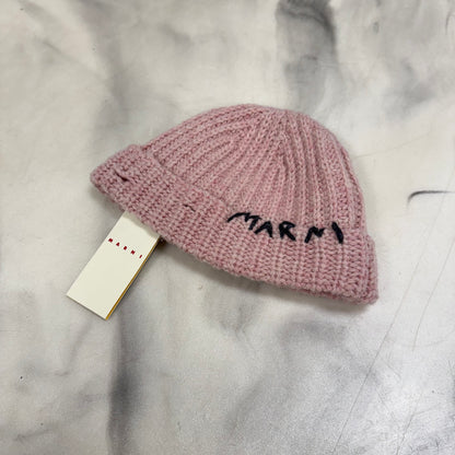 Marni Embroidered Ribbed Knit Beanie Pink