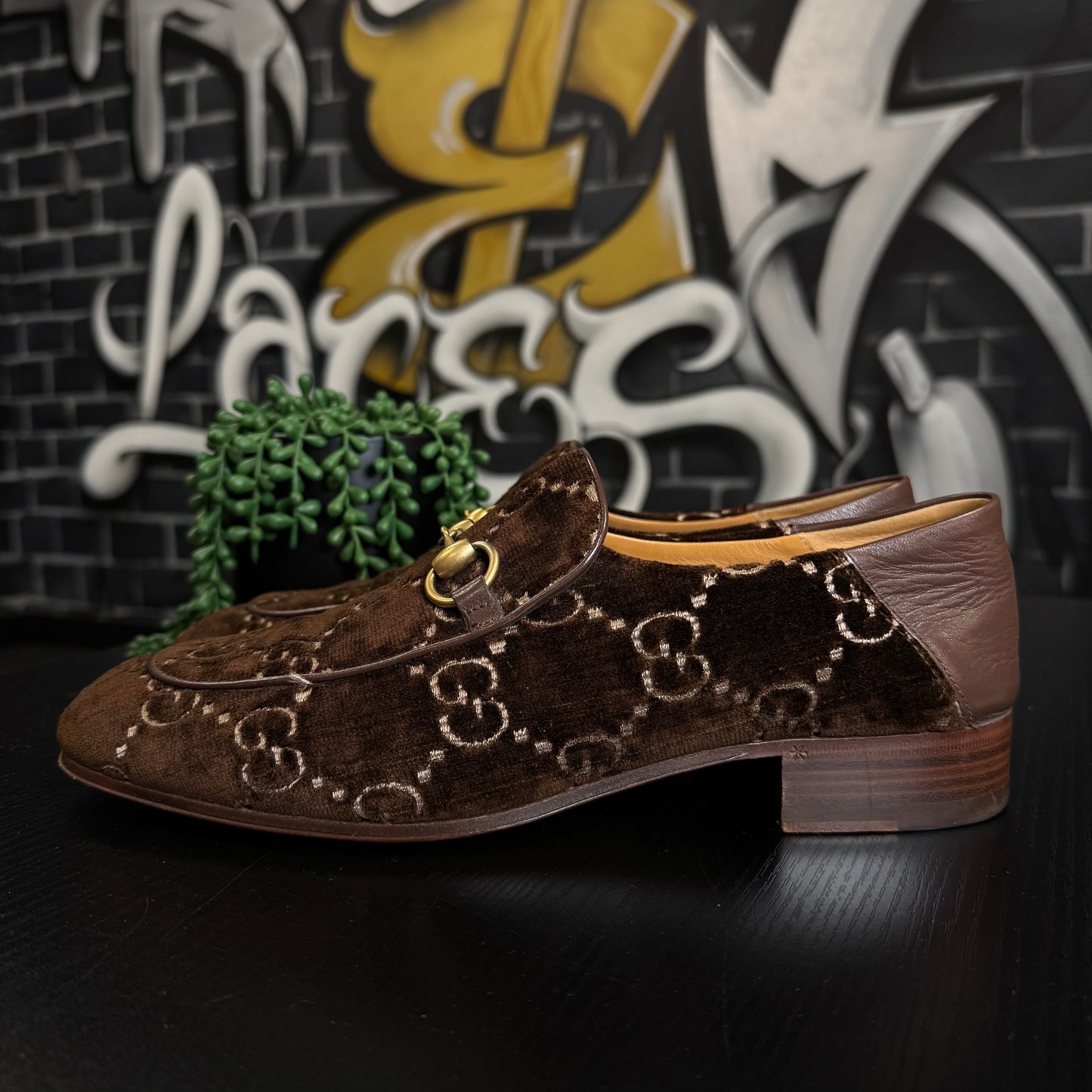 Gucci Horsebit Monogram Velvet Brown Loafers