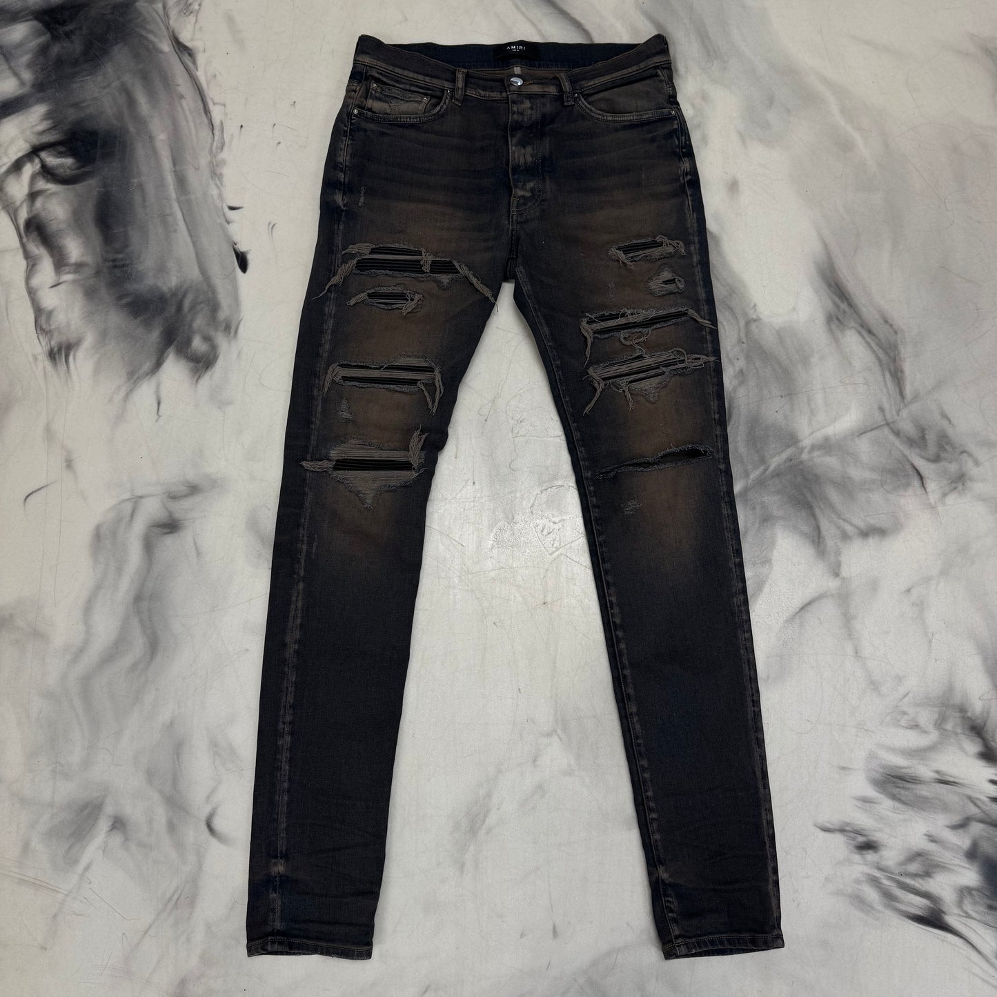 Amiri Dark Navy Distressed Leather Patch Jeans