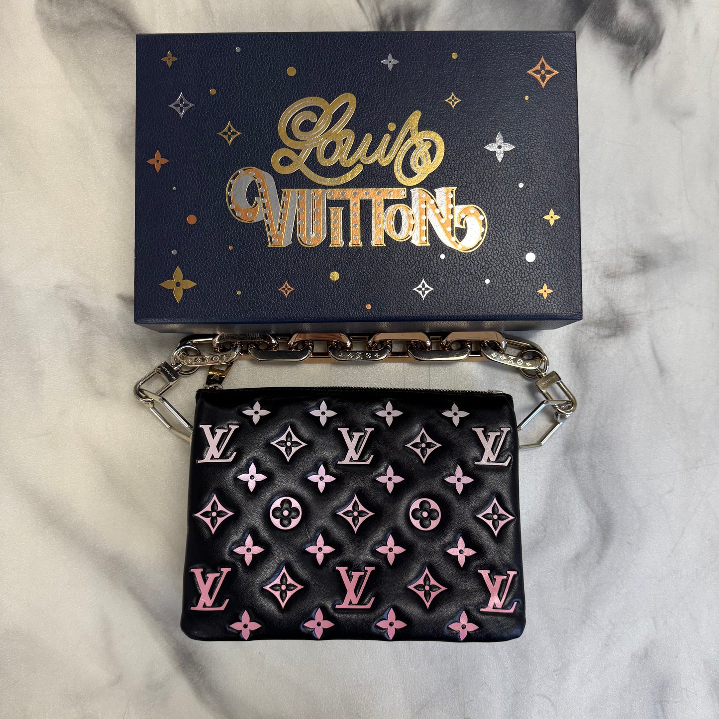 Louis Vuitton Lambskin Embossed Monogram LV Ski Coussin Black/Pink