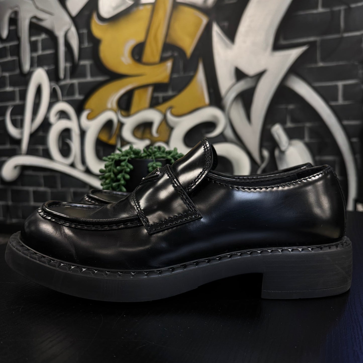 Prada Chocolate Brushed Leather Loafers Black