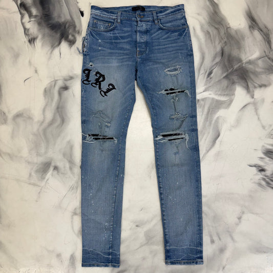 Amiri Jeans Leather Logo Blue
