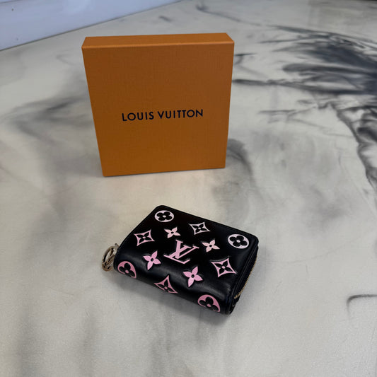 Louis Vuitton Lambskin Embossed Monogram LV Ski Coussin Mini Zippy Wallet Black/Pink