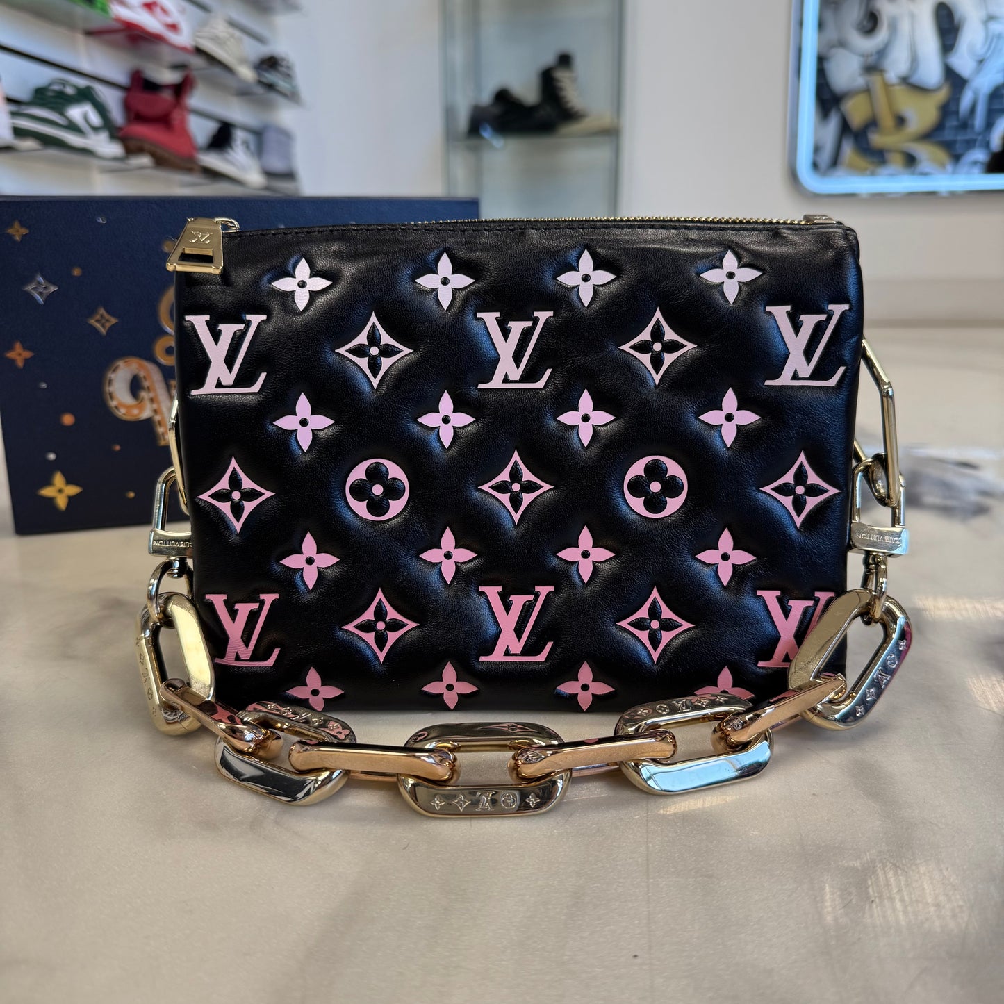 Louis Vuitton Lambskin Embossed Monogram LV Ski Coussin Black/Pink