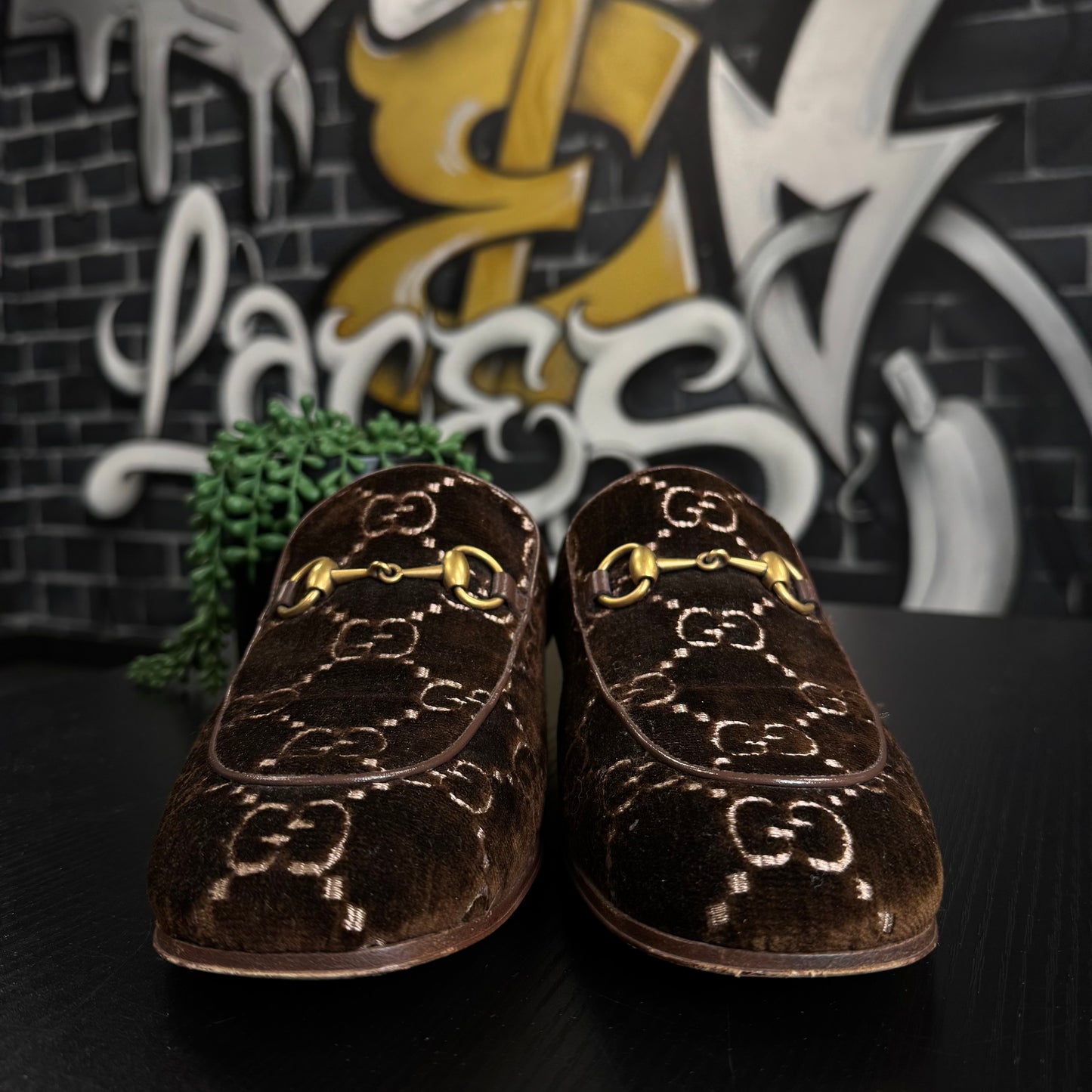 Gucci Horsebit Monogram Velvet Brown Loafers
