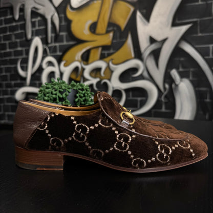 Gucci Horsebit Monogram Velvet Brown Loafers