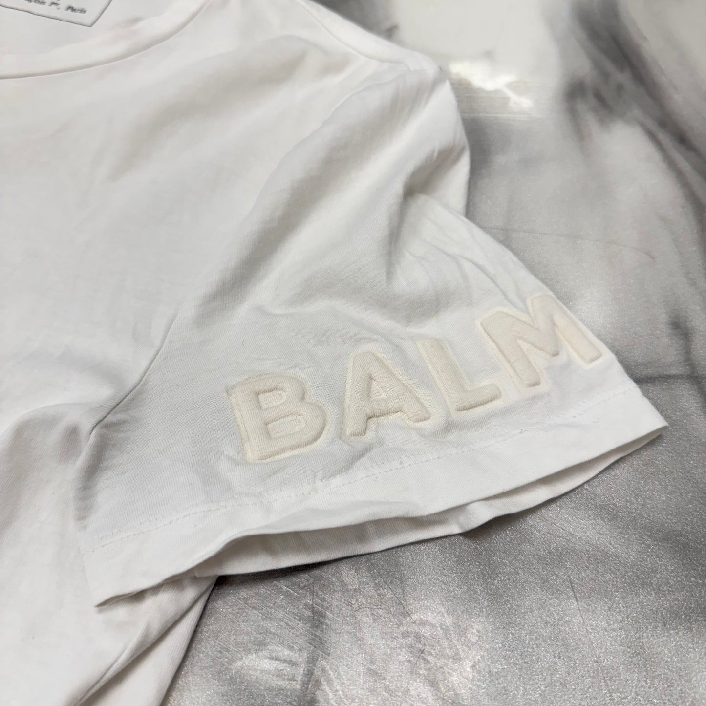 Balmain White Embossed Sleeve Logo Tee